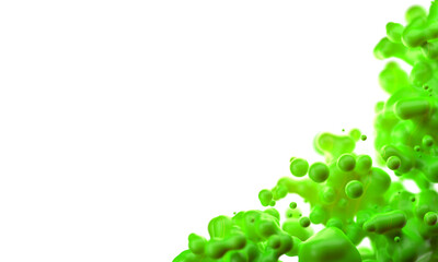 Digital abstract futuristic background of flying, flowing spheres, metaballs .  Green substance slime frame in the corner isolated on white background. Depth of field. 3D render