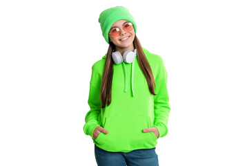 smiling teen girl loves music in studio. photo of teen girl loves music. teen girl