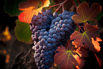 detail of red Sangiovese grapes in the Tuscany, Italy, vineyard that are nearly ripe. Generative AI