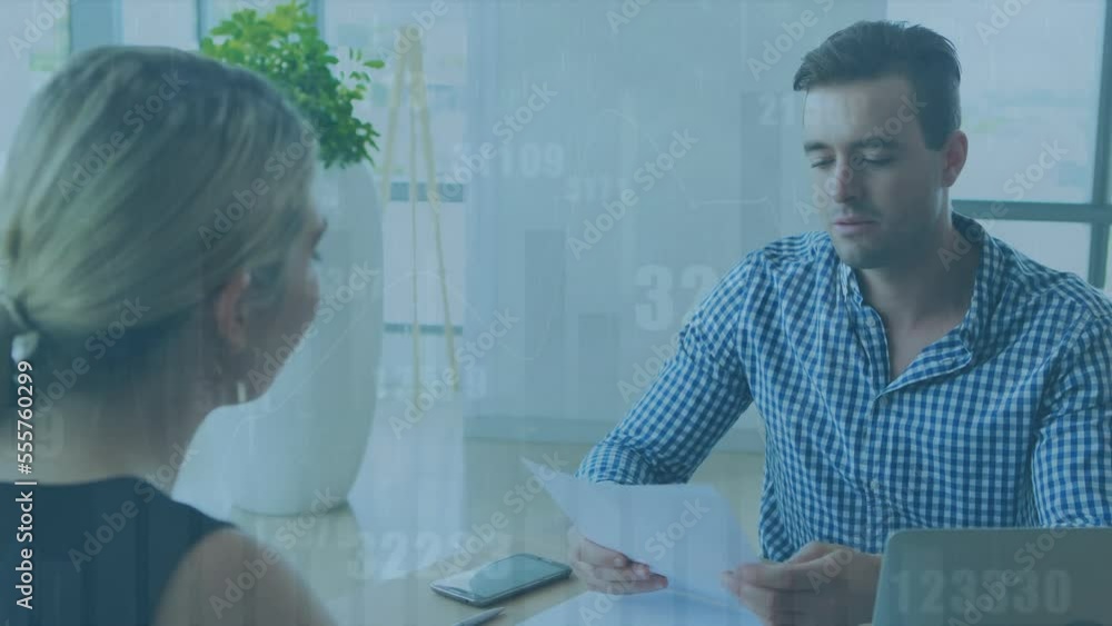 Poster animation of data processing over caucasian man and woman discussing over document at office