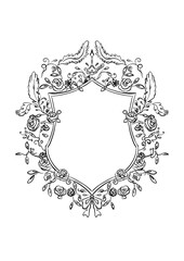 Vintage crest bridal wedding line art frame on the white isolated background.  - 555760425