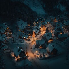 Obraz premium Snowy village drone view at night street lamps