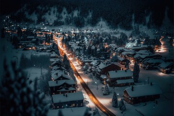 Drone view of mountain village covered in snow main street with lamps