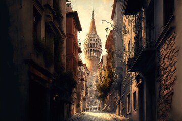 Fototapeta premium A narrow street in Istanbul with shops and a coffee shop overlooking the Galata Tower. Turkish traditional old view of Istanbul. AI