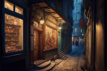 A narrow street in Istanbul with shops and a coffee shop overlooking the Galata Tower. Turkish traditional old view of Istanbul. AI