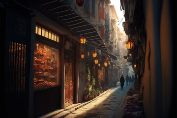 Fototapeta premium A narrow street in Istanbul with shops and a coffee shop overlooking the Galata Tower. Turkish traditional old view of Istanbul. AI