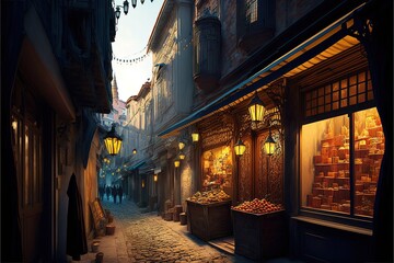 Fototapeta premium A narrow street in Istanbul with shops and a coffee shop overlooking the Galata Tower. Turkish traditional old view of Istanbul. AI