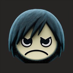 3d render of emo emoji with rim light bangs in face angry eyes and frown