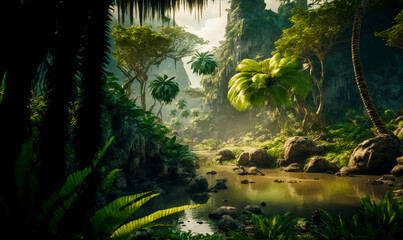 A beautiful fairytale enchanted jungle rainforest with sunbeams. Enchanted tropical rain forest. Digital art	