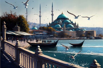 Embankment of Istanbul overlooking the Sea of Marmara. Nice view of Istanbul. AI - obrazy, fototapety, plakaty