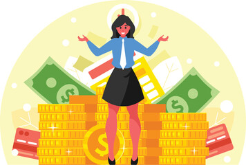 Rich business woman on the background of golden coins stacks and dollar banknotes. Capital accumulation concept. Vector graphics