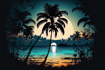 Naklejka na ściany i meble evening silhouette gorgeous water and sky with a background of a coconut tree. Generative AI