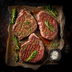 Grilled steaks with fresh seasonings - black background