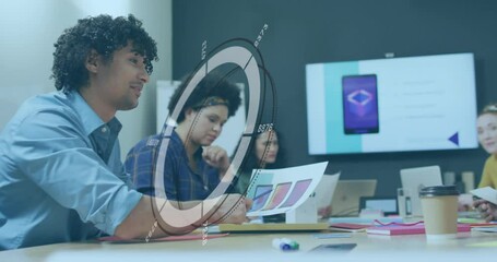 Animation of round scanner and data processing over biracial man talking to his colleagues at office