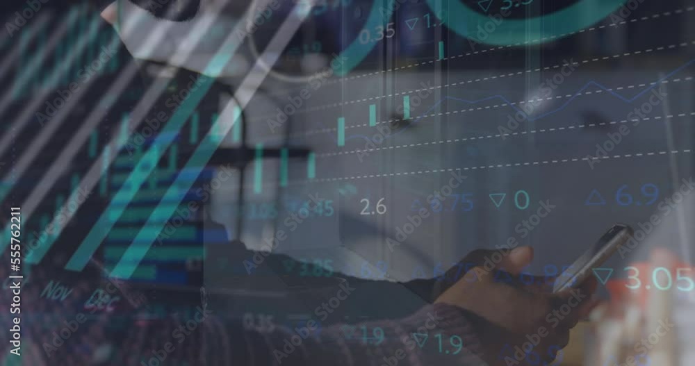 Poster animation of data processing over african american man using smartphone