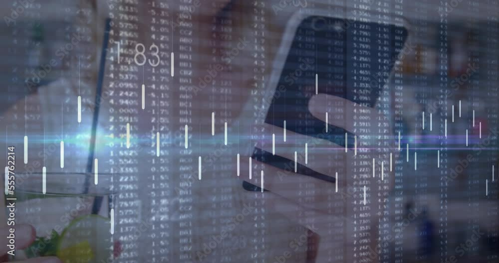Poster animation of data processing over caucasian woman using smartphone