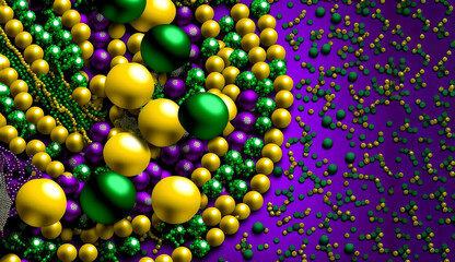 Mardi gras carnival decorations beads green and yellow celebrations.
generative ai