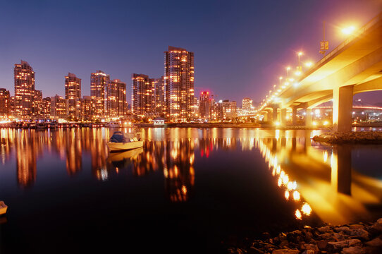 Downtown and Cambie Bridge From False Creek Vancouver, B.C., Canada