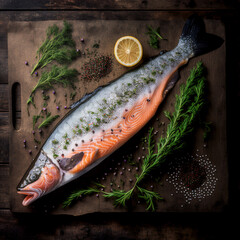 Salmon with seasoning on rustic white background