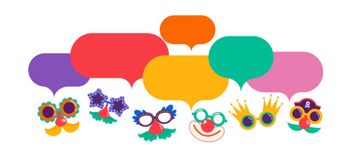 Colorful Speech Bubbles, street art, carnival concept design with funny masks, fun costumes. Colorful background with splashes, speech bubbles, masks and confetti 