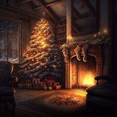 Living room decorated for Christmas, with fireplace, Christmas tree and gifts, generative ai