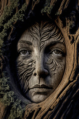 Fototapeta na wymiar An ancient wood carving representing a mystical female face evoking the melancholy and mysticism of the forest. Revelation of ancient Celtic or Roman legends.