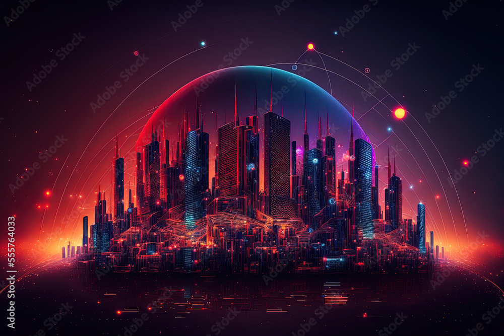 Poster concept of a futuristic smart city structure in space with an abstract red blue background and an in