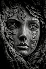 A mystical sculpture representing a woman made of a thousand-year-old magical wood. Evocative of antiquity and forests, this image inspires eternity and mysticism.
