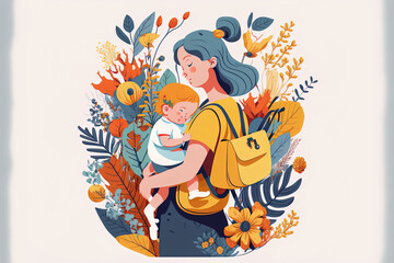 Concept of a mother and kid. Stunning mom carrying her adorable child in her arms. a variety of children's products. Kids' items. Illustration in flat style on a white backdrop. Generative AI