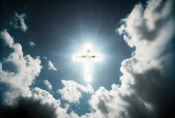 Fototapeta premium Shining cross in clouds on blue sky. Copy space. Ascension day concept. Christian Easter. Faith in Jesus Christ. Christianity. Church worship, salvation concept. Gate to heaven. Eternal life of soul