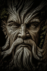 Obraz premium A god idolized in the past, represented in the trunk of a thousand-year-old tree, with realistic details. A mystical face to illustrate the magic and enchantment of a forest.