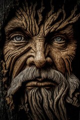 In an ancient and mystical tree trunk, discover the ancient and realistic face of a god, with precise details. An enchanted, wonderful and magical landscape.