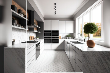 Copy area for montaging your product display on a modern marble kitchen tabletop with a backdrop of a modern home kitchen in motion. Generative AI