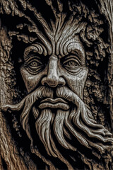 Fototapeta na wymiar An old man, presented in the trunk of a thousand-year-old magical tree, offers a mystical image creating a sense of enchantment and realism with precise details.