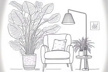 Continually drawn in one line are an armchair, a table, a vase with a monstera leaf, and hanging loft lights. Simple Linear furniture with a Scandinavian flair. illustration of a doodle. Generative AI
