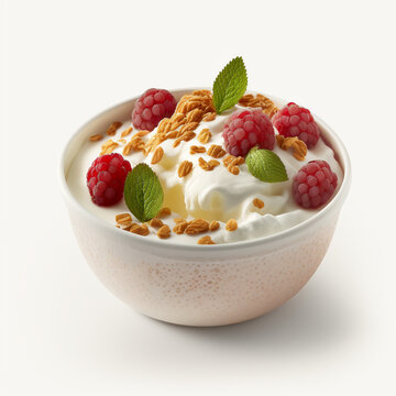 Greek yogurt with raspberries and granola on white background