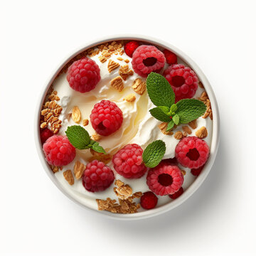 Raspberries, granola, and Greek yogurt on white plate, top view