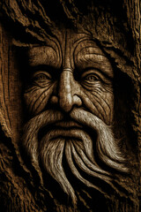 Fototapeta na wymiar A mysterious figure of an elderly man, a goddess of the ancients, stands on the trunk of a magical thousand-year-old tree in an enchanted forest. Realistic with precise details.