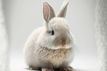 Cute bunny in closeup on a white setting. Look to the front as you turn. Generative AI