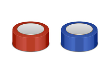 Vector 3d Realistic Glossy Red and Blue Tape Roll Icon Set, Mock-up Closeup Isolated on White Background. Design Template of Packaging Sticky Tape Roll or Adhesive Tape for Mockup. Front View