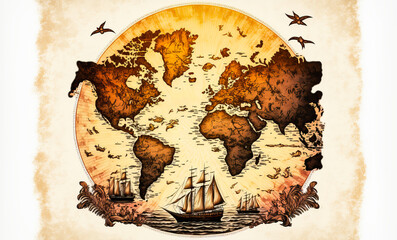 Exploring the seas of yesteryear and pirates: vintage sphere world map decorated with ancient ships, exotic trees & flora. Retro style to recall the adventures of the past.