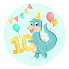 Cute baby dinosaur. Birthday invitation. ten years, ten months. Happy birthday greeting card.	