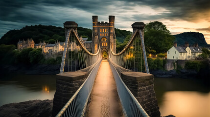 Fototapeta premium Mystical medieval castle on the island and the bridge leading to the castle. Digital art 