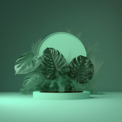 Abstract background marble pedestal for product presentation, green palm leaf podium product display 3d rendering