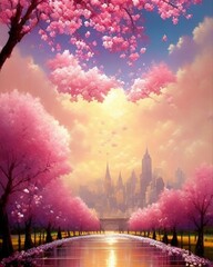 Cherry blossom spring scenery, sakura, petals fall, cityscape, public garden