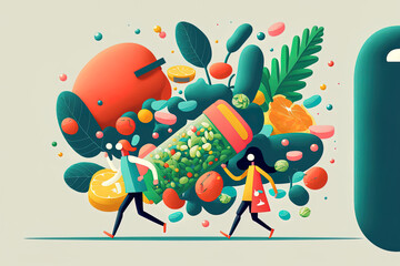 Fototapeta na wymiar Characters in a flat artwork carrying a vitamin pill and a medication to boost health. Fruit, vegetables, and vitamin complex nutritional addition to promote health. Generative AI