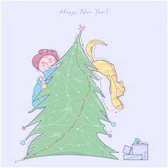 Vector colorful New Year card imaging a man decorating a Christmas tree. He is holding a Christmas ball. The jumping cat is playing with garland. There are some boxes nearby the tree. 
