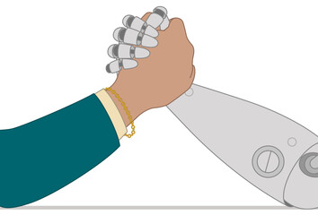 business woman and robot, arm wrestling closeup view, isolated on white background