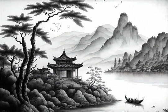 Classic Chinese landscape in a carrier drawing. Generative AI