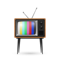 Vector 3d Realistic Brown Wooden Retro Striped Screen TV Receiver Isolated on White Background. Home Interior Design Concept. Vintage TV Set, Television, Front View